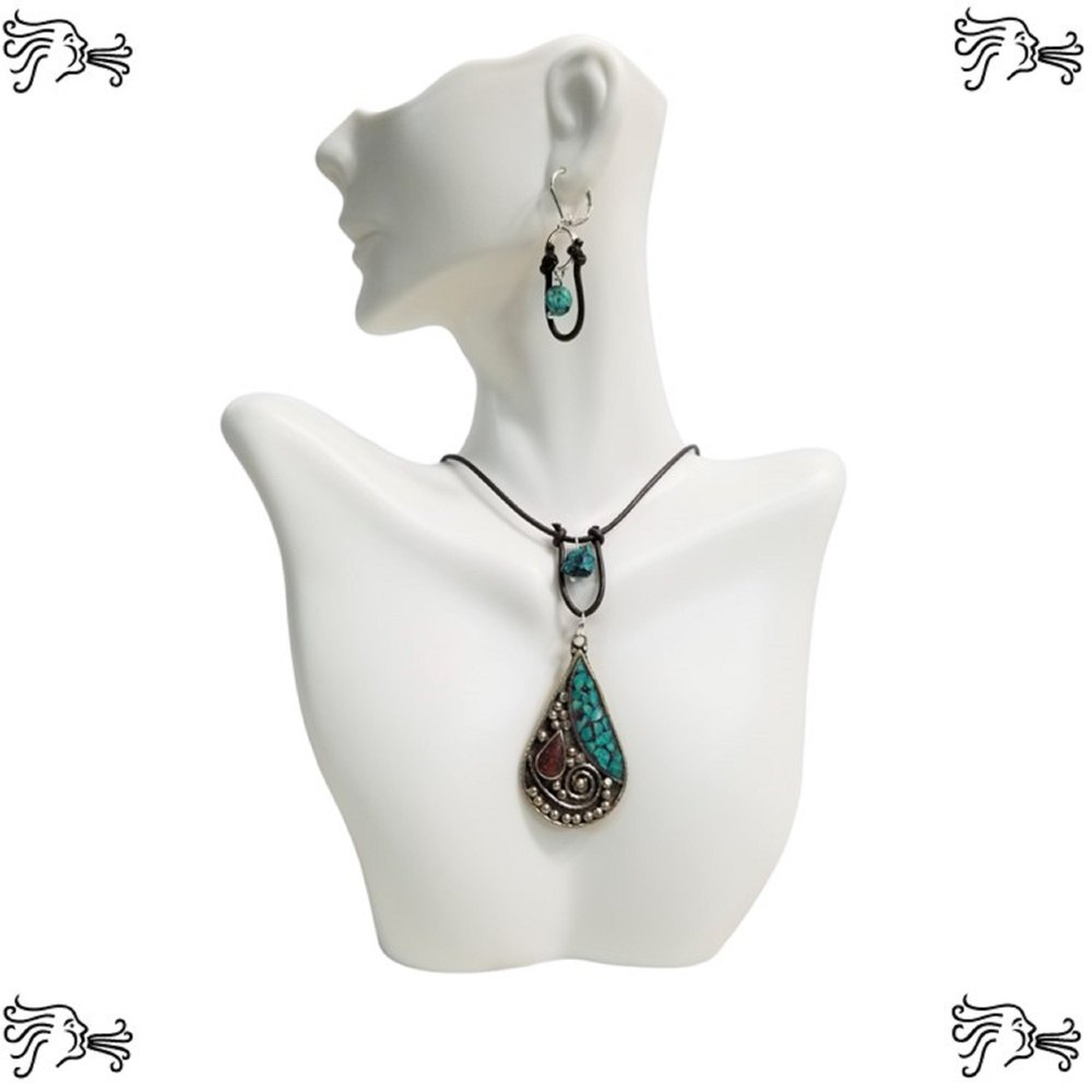 Tibetan Turquoise Coral Choker Necklace & Earrings Brown Leather Teardrop Shape